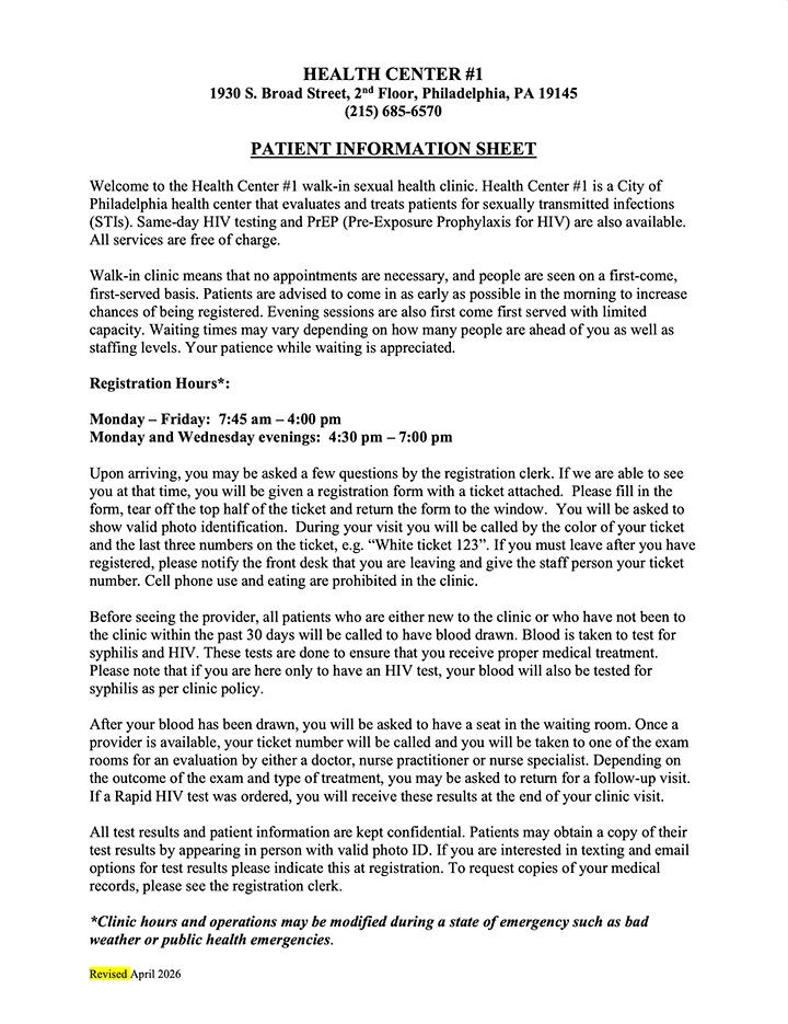 Health Center 1 Patient Information Sheet